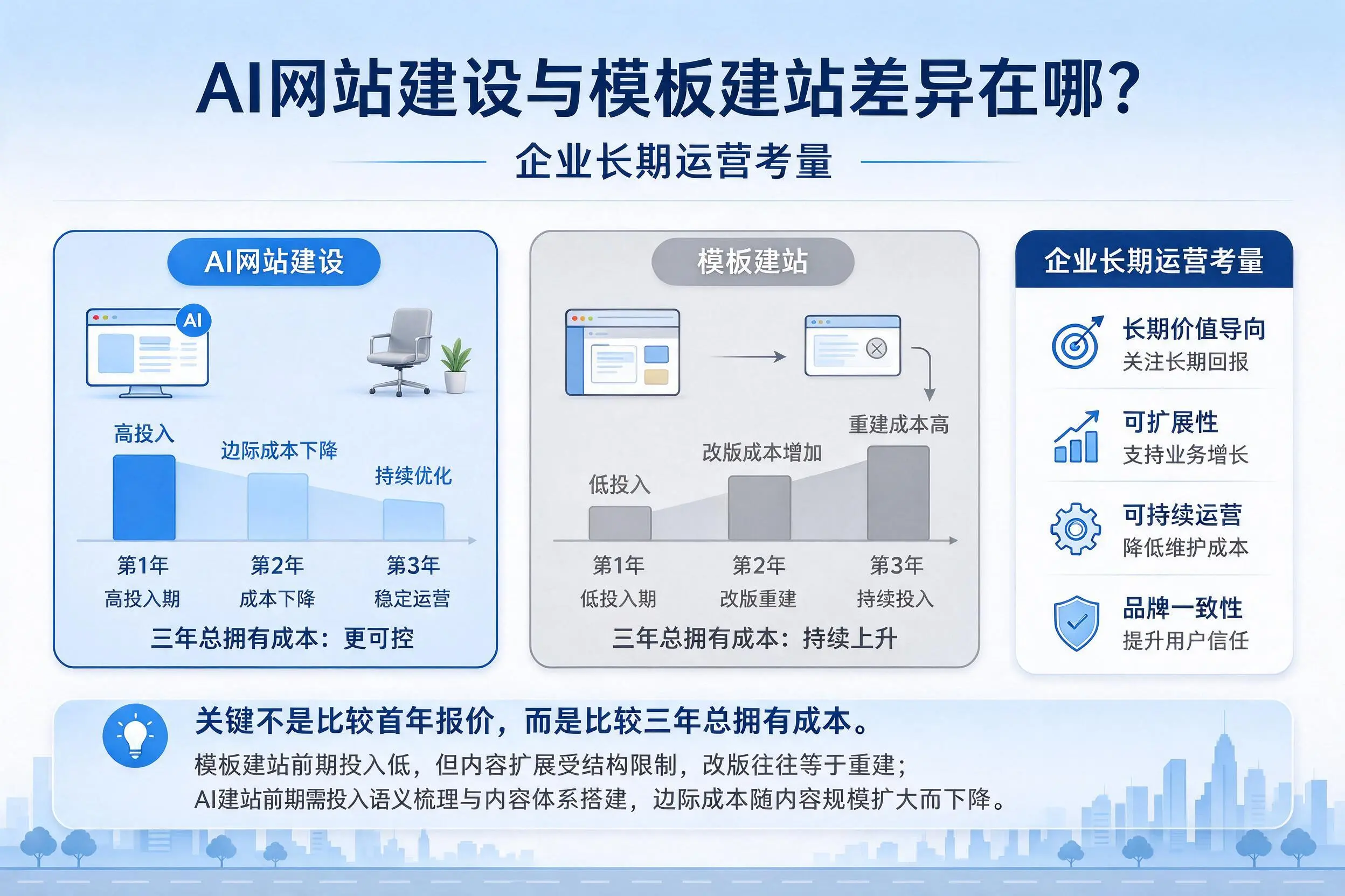 AI网站建设与模板建站差异在哪?琼海企业长期运营考量